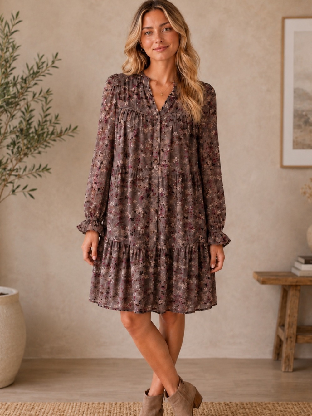 Polagram Mauve Floral Long-Sleeve Tiered Swing Dress
